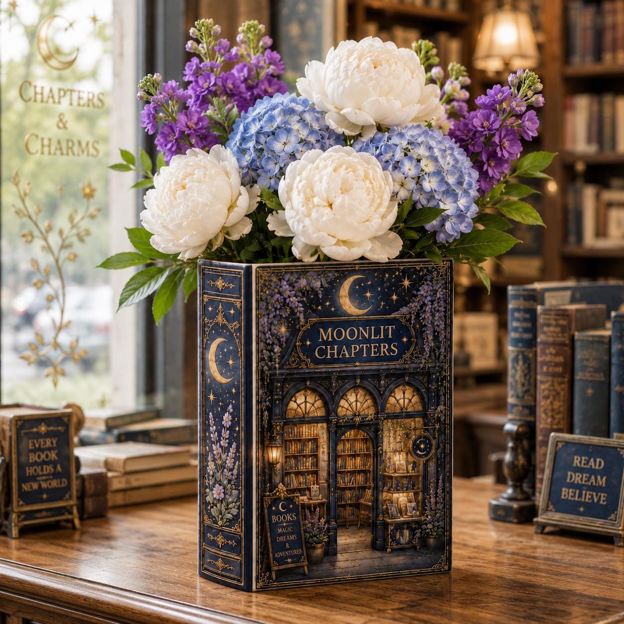 Personalized Ceramic Bookstore Book Vase with Moonlit Chapters Floral, Cozy Reading Room Library Decor and Custom Book Lover Gift