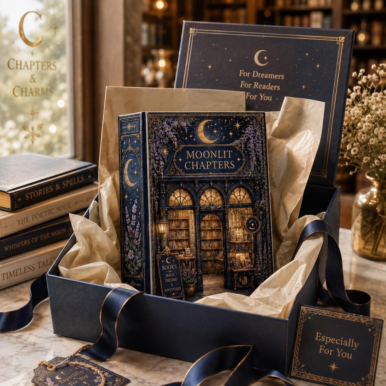 Personalized Ceramic Bookstore Book Vase with Moonlit Chapters Floral, Cozy Reading Room Library Decor and Custom Book Lover Gift - photo 5