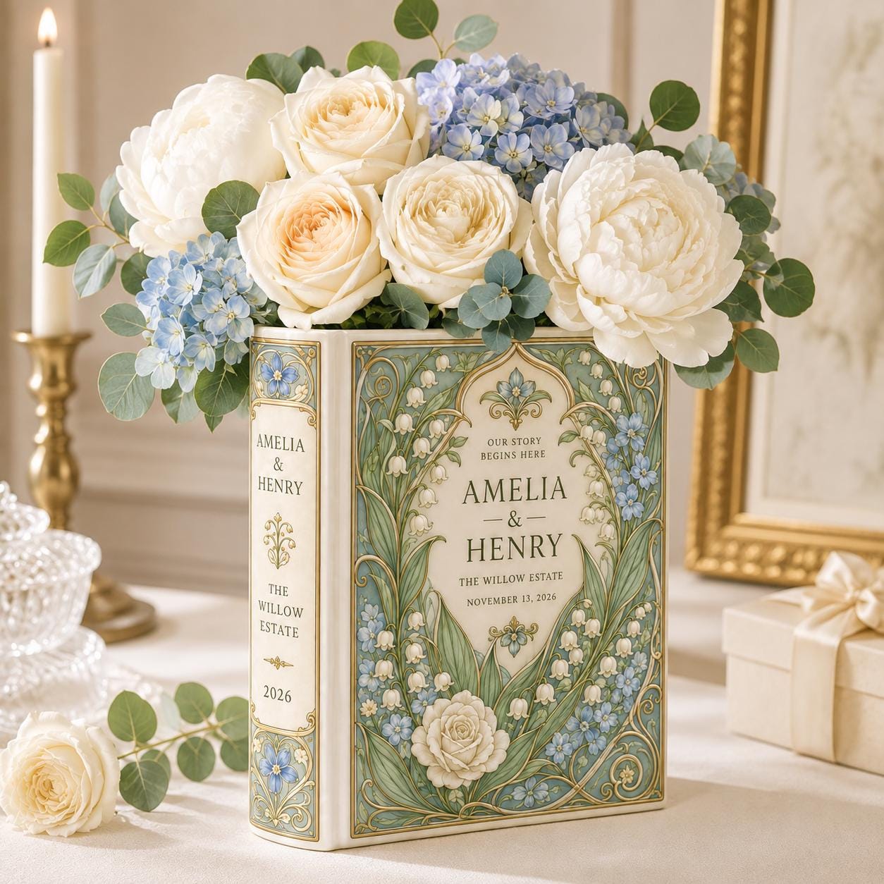 Personalized Ceramic Wedding Book Vase with Custom Couple Name, Lily Of Valley Blue Floral Bridal Shower Gift and Keepsake Decor