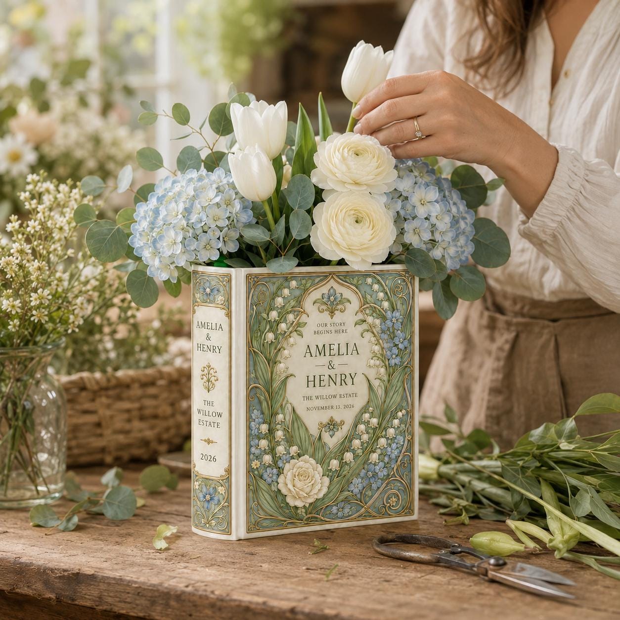 Personalized Ceramic Wedding Book Vase with Custom Couple Name, Lily Of Valley Blue Floral Bridal Shower Gift and Keepsake Decor - photo 2