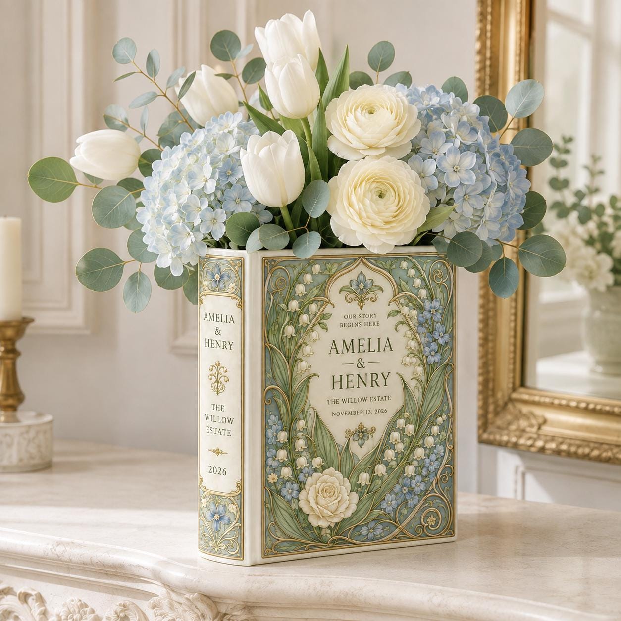Personalized Ceramic Wedding Book Vase with Custom Couple Name, Lily Of Valley Blue Floral Bridal Shower Gift and Keepsake Decor - photo 3