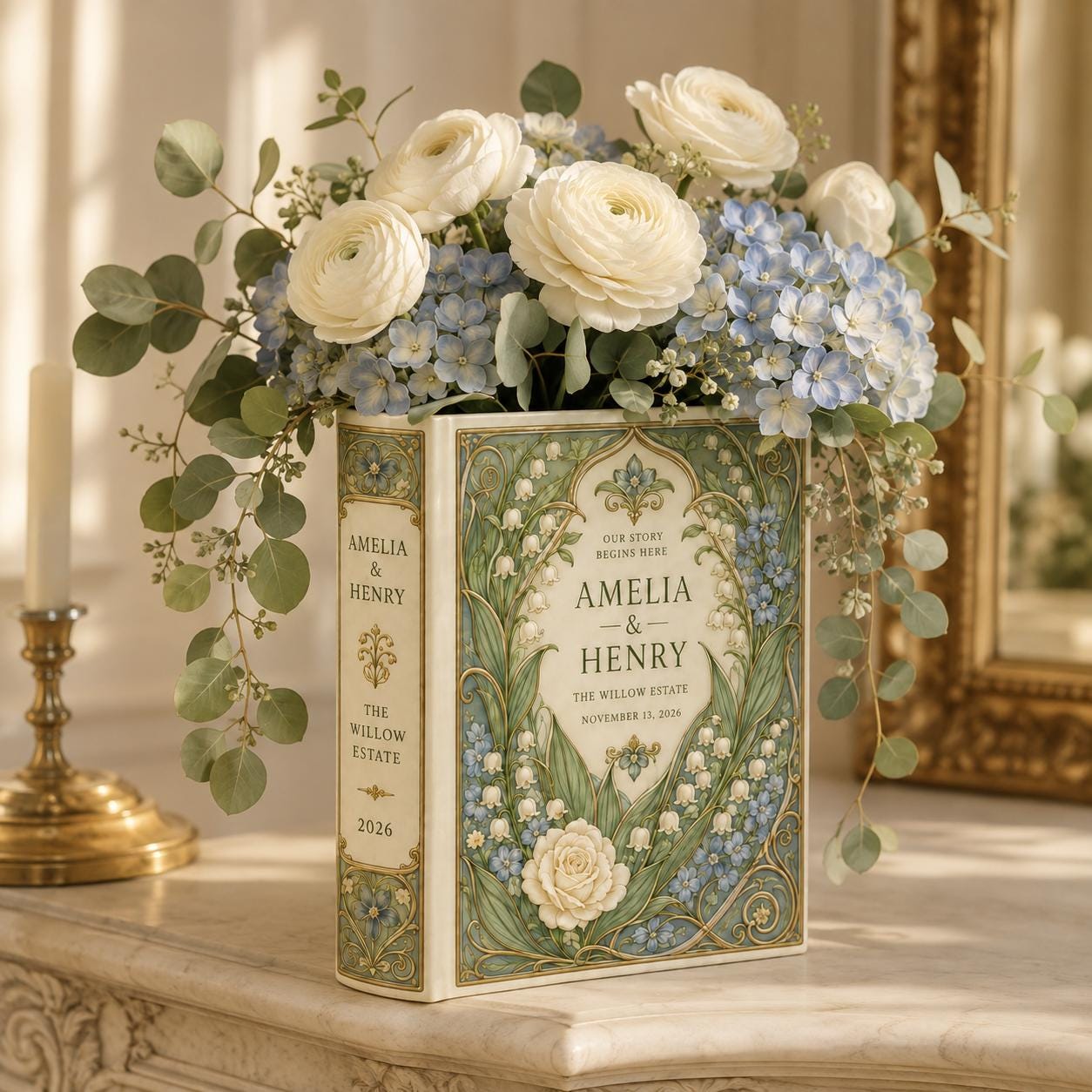 Personalized Ceramic Wedding Book Vase with Custom Couple Name, Lily Of Valley Blue Floral Bridal Shower Gift and Keepsake Decor - photo 6