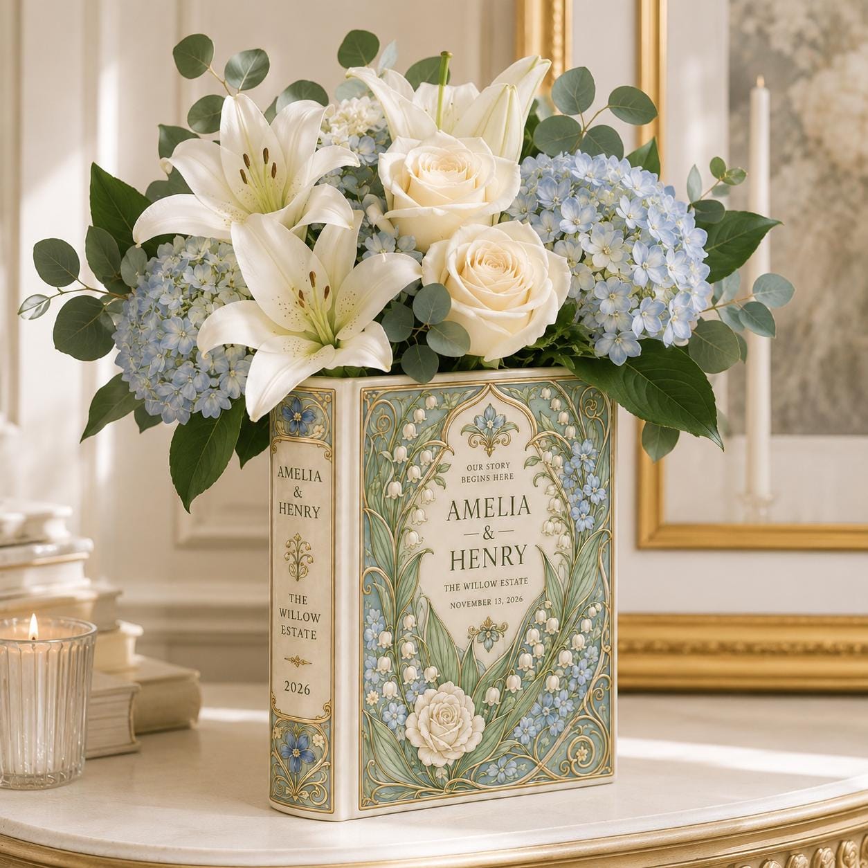 Personalized Ceramic Wedding Book Vase with Custom Couple Name, Lily Of Valley Blue Floral Bridal Shower Gift and Keepsake Decor - photo 7