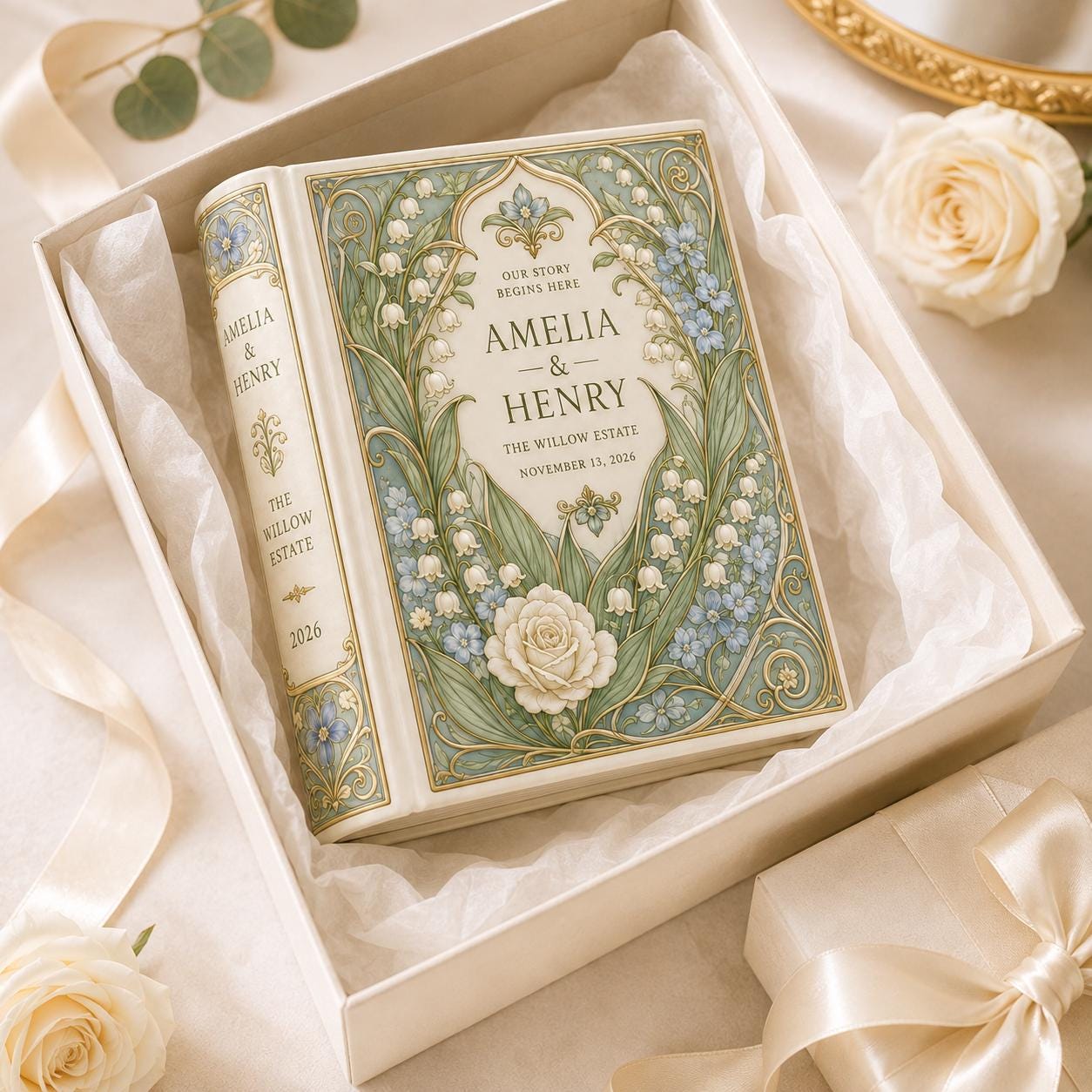 Personalized Ceramic Wedding Book Vase with Custom Couple Name, Lily Of Valley Blue Floral Bridal Shower Gift and Keepsake Decor - photo 8