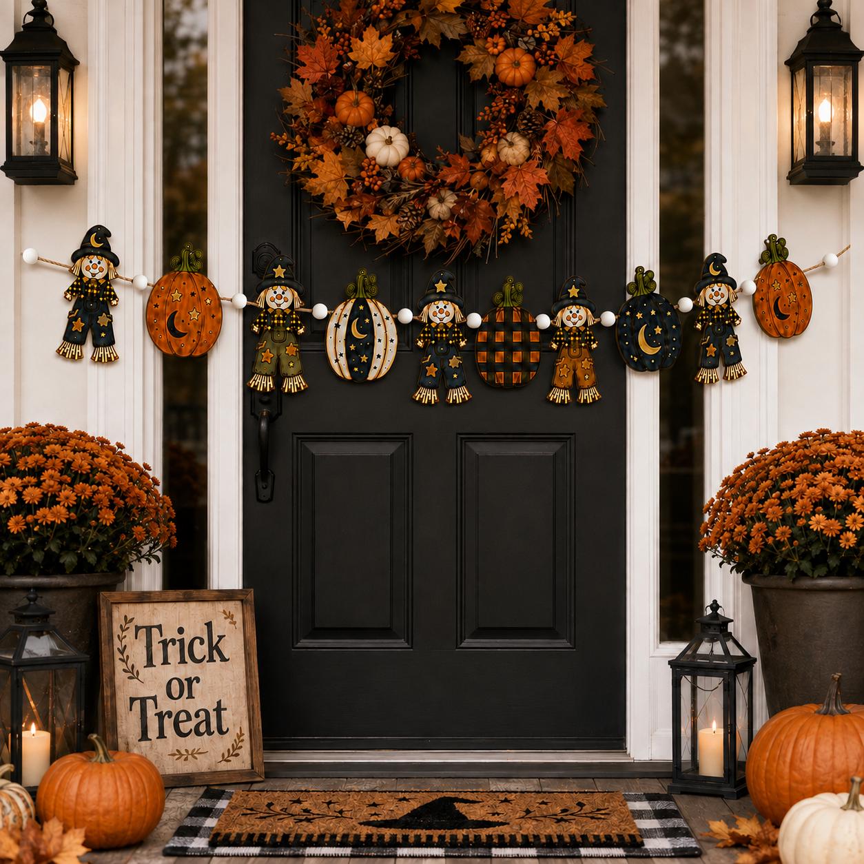 Wooden Fall Garland and Pumpkin Ghost Scarecrow Banner – Rustic Halloween Decor and Autumn Mantel Ornament for Farmhouse Harvest Wall Hanging