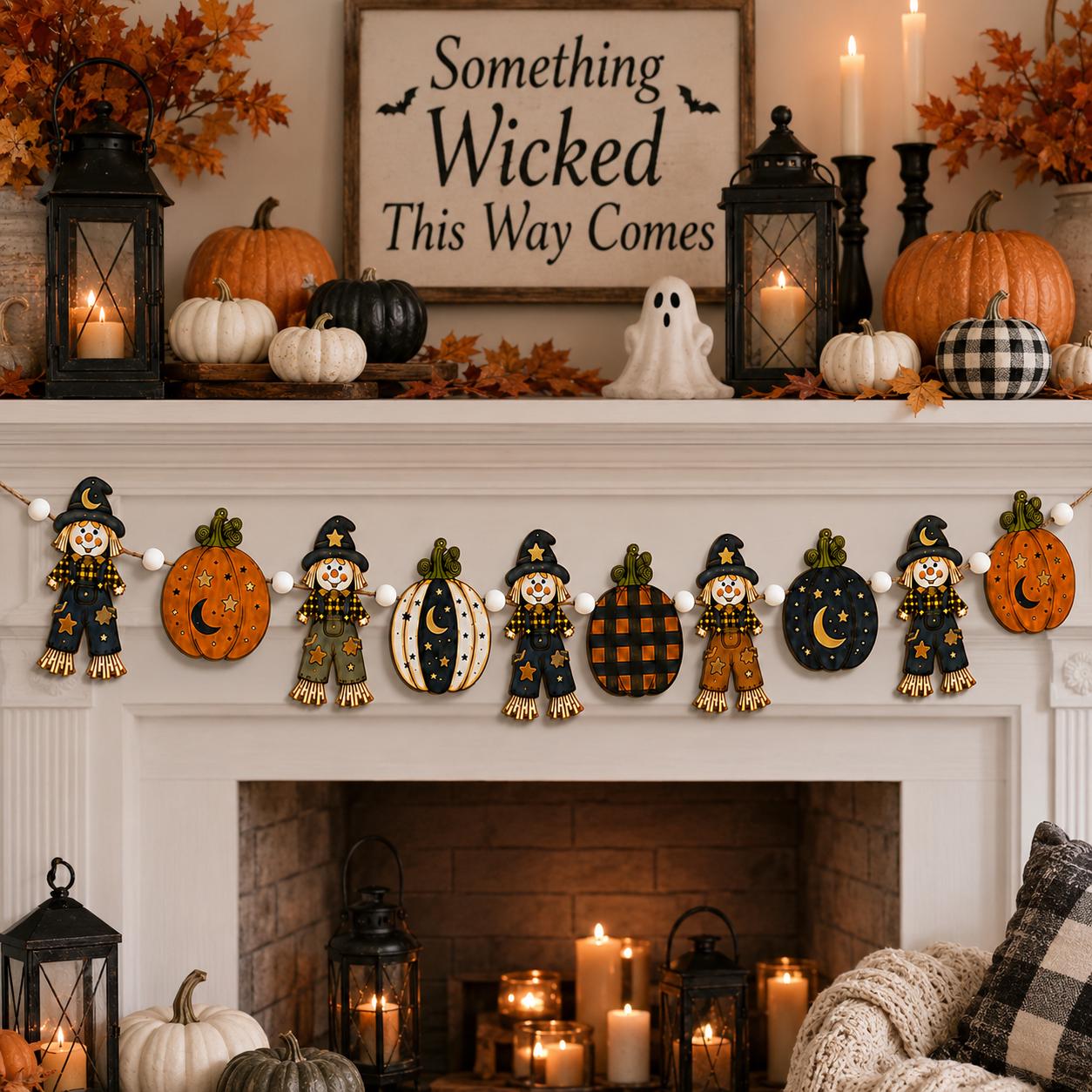 Wooden Fall Garland and Pumpkin Ghost Scarecrow Banner – Rustic Halloween Decor and Autumn Mantel Ornament for Farmhouse Harvest Wall Hanging - photo 2