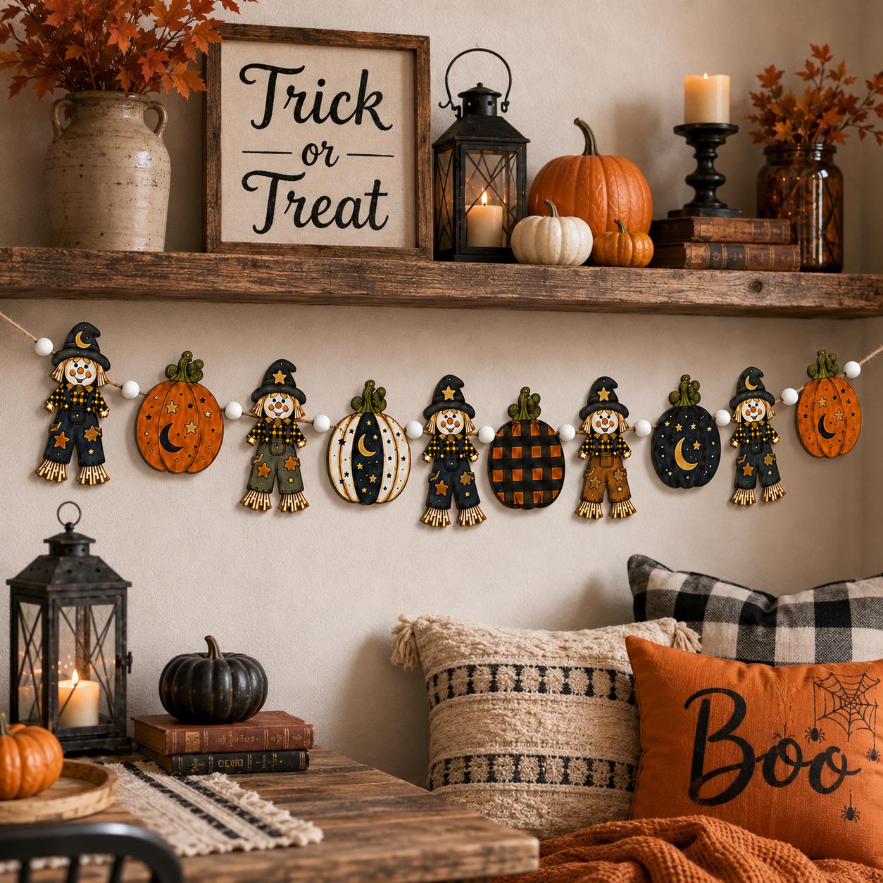 Wooden Fall Garland and Pumpkin Ghost Scarecrow Banner – Rustic Halloween Decor and Autumn Mantel Ornament for Farmhouse Harvest Wall Hanging - photo 3