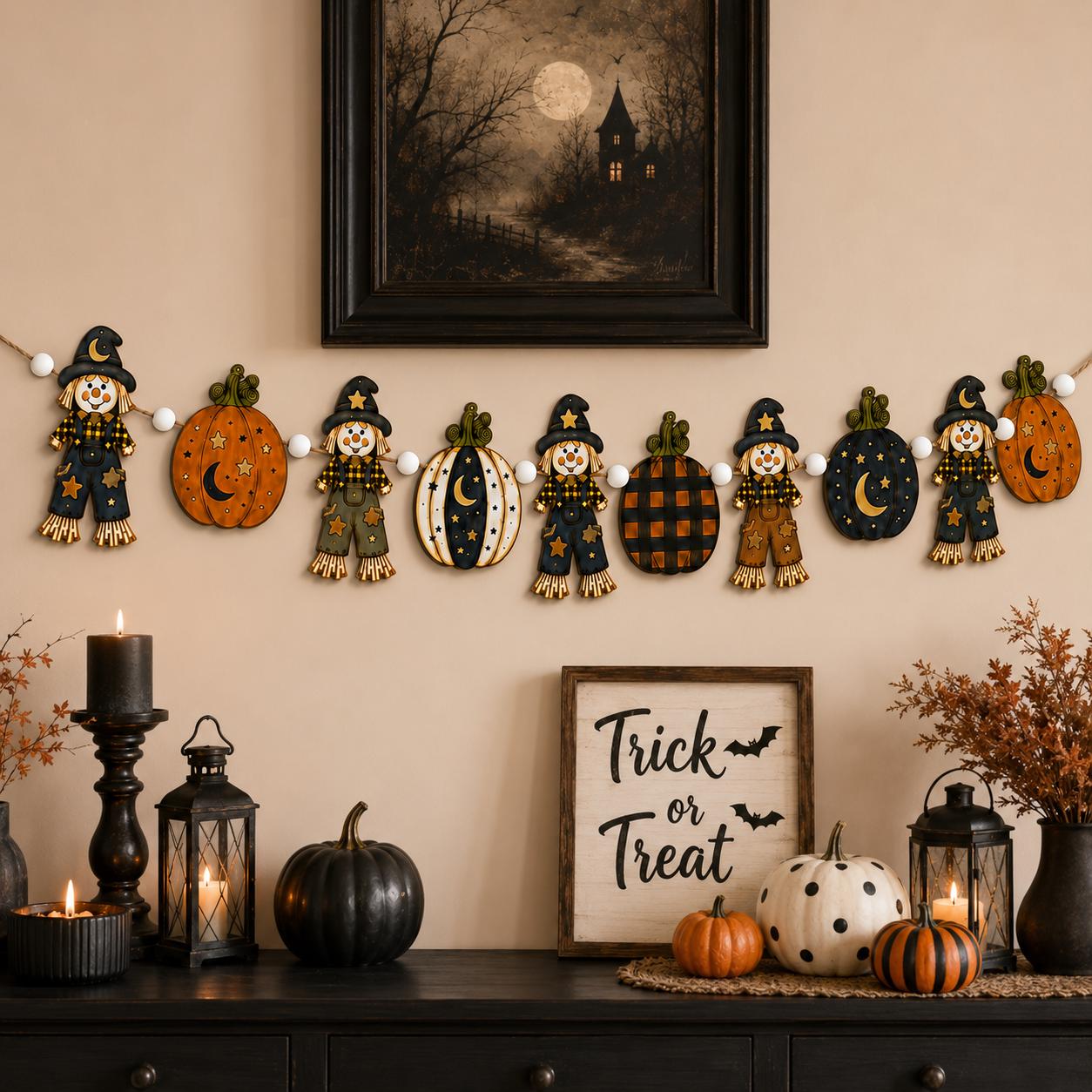 Wooden Fall Garland and Pumpkin Ghost Scarecrow Banner – Rustic Halloween Decor and Autumn Mantel Ornament for Farmhouse Harvest Wall Hanging - photo 4