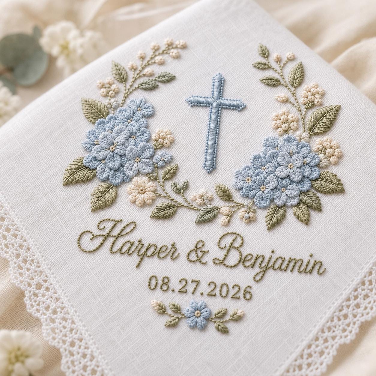 Personalized Embroidered Wedding Handkerchief Hankie with Couple Name Date, Blue Hydrangea Cross Lace Bridal Keepsake Gift