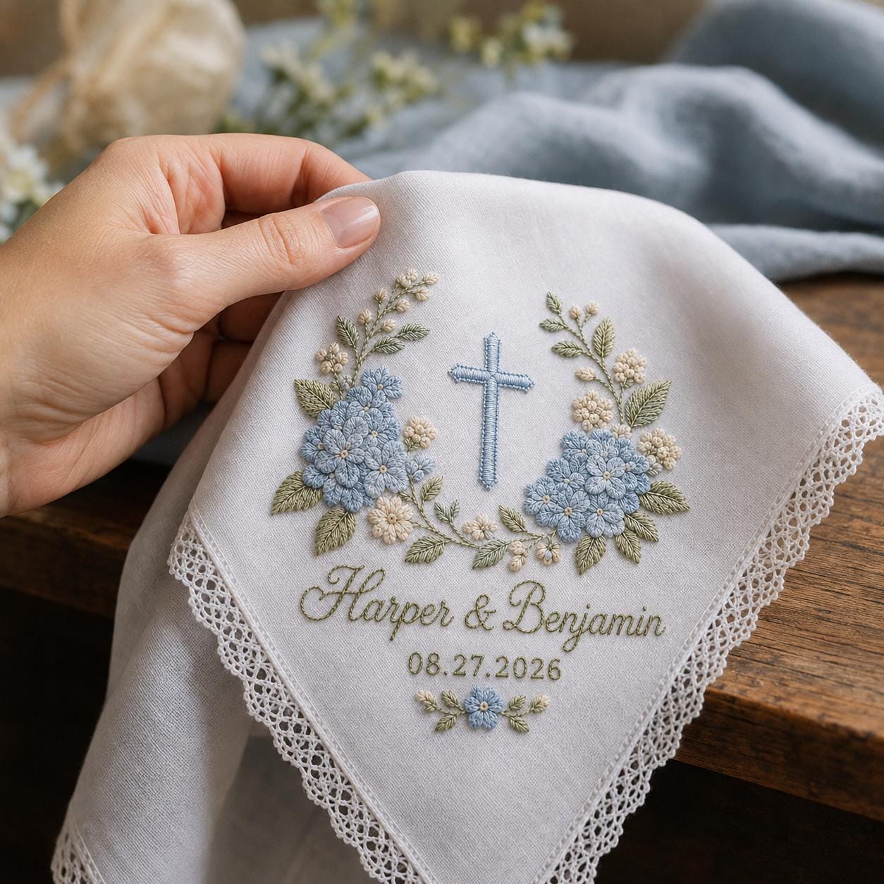 Personalized Embroidered Wedding Handkerchief Hankie with Couple Name Date, Blue Hydrangea Cross Lace Bridal Keepsake Gift - photo 2