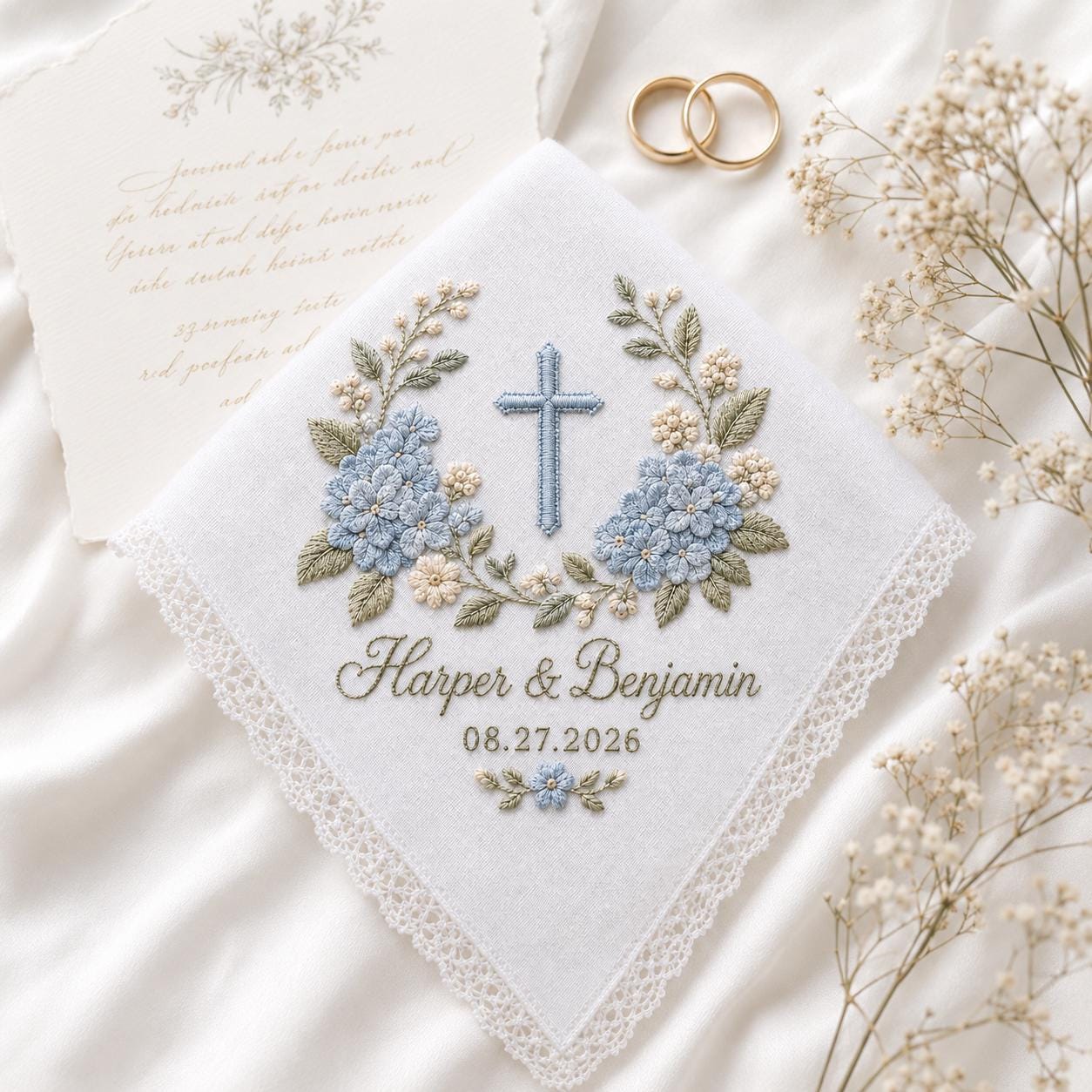 Personalized Embroidered Wedding Handkerchief Hankie with Couple Name Date, Blue Hydrangea Cross Lace Bridal Keepsake Gift - photo 3