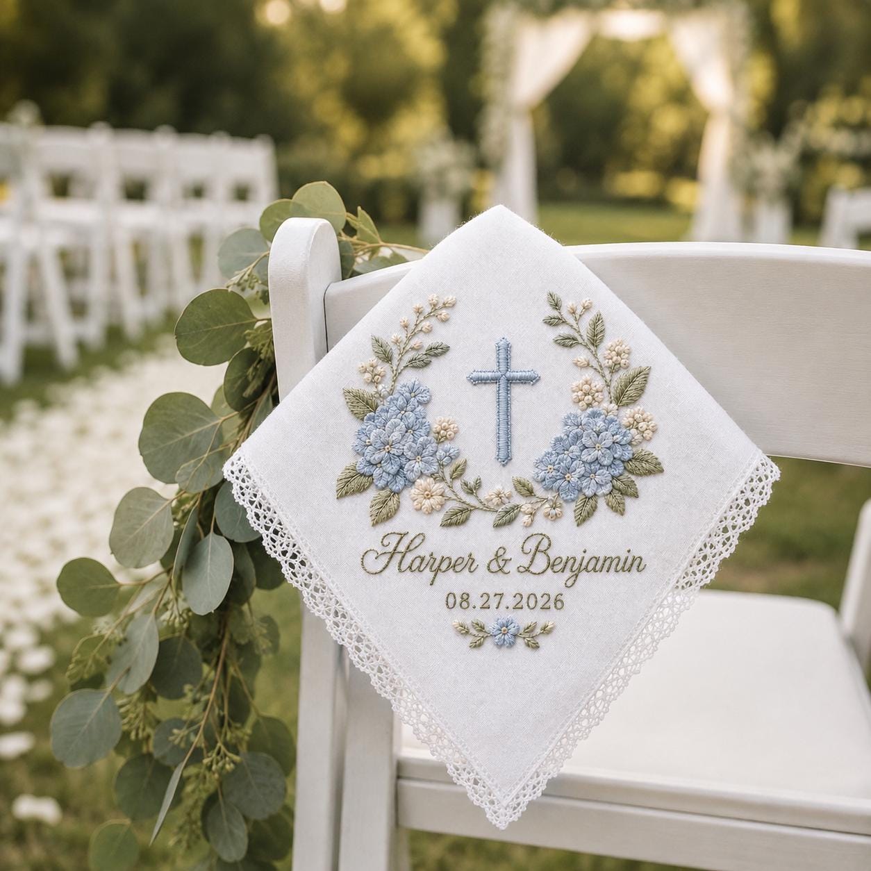 Personalized Embroidered Wedding Handkerchief Hankie with Couple Name Date, Blue Hydrangea Cross Lace Bridal Keepsake Gift - photo 8
