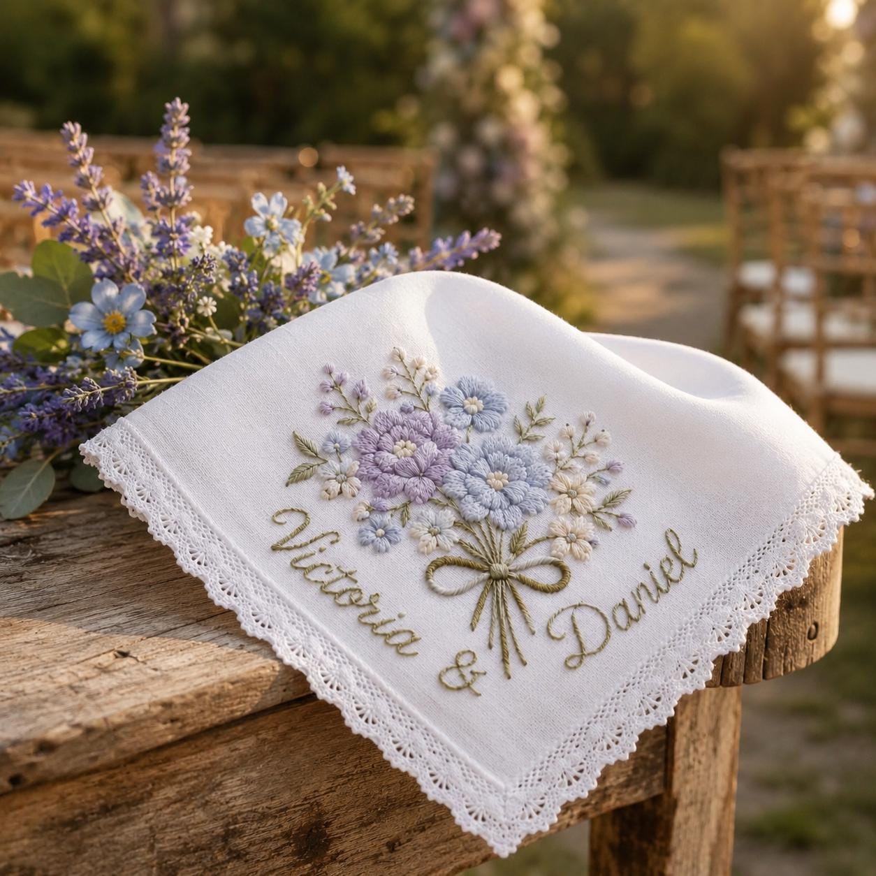 Personalized Embroidered Floral Wedding Handkerchief Hankie with Custom Couple Name, Lace Bridal Keepsake Gift and Happy Tears Box