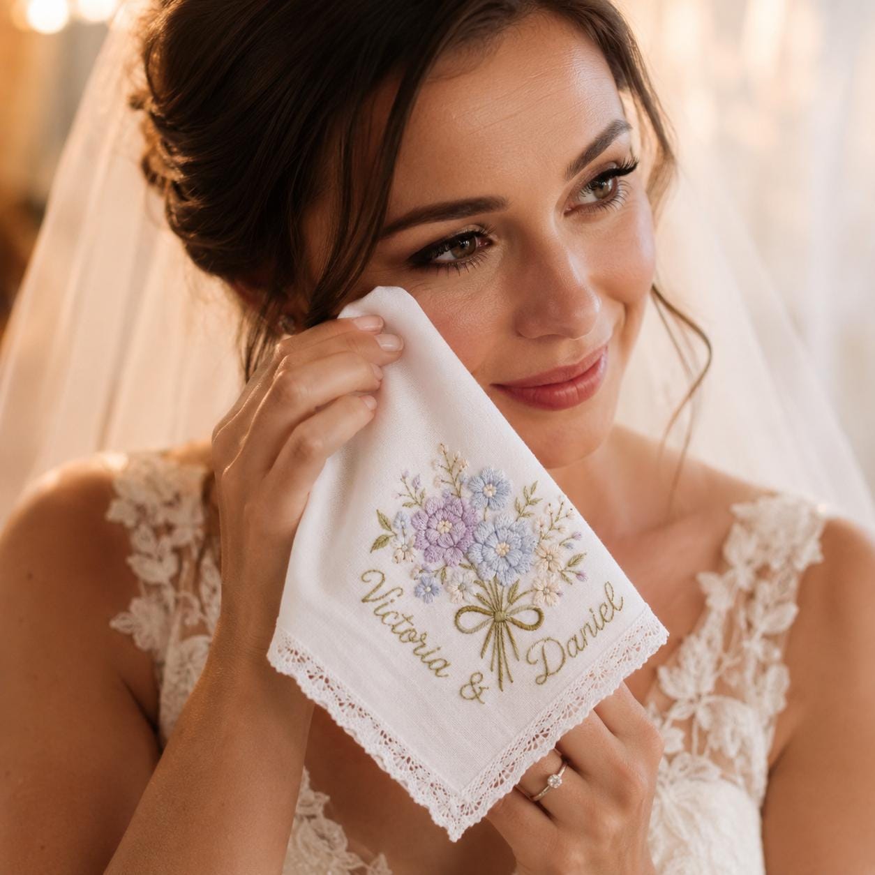 Personalized Embroidered Floral Wedding Handkerchief Hankie with Custom Couple Name, Lace Bridal Keepsake Gift and Happy Tears Box - photo 3
