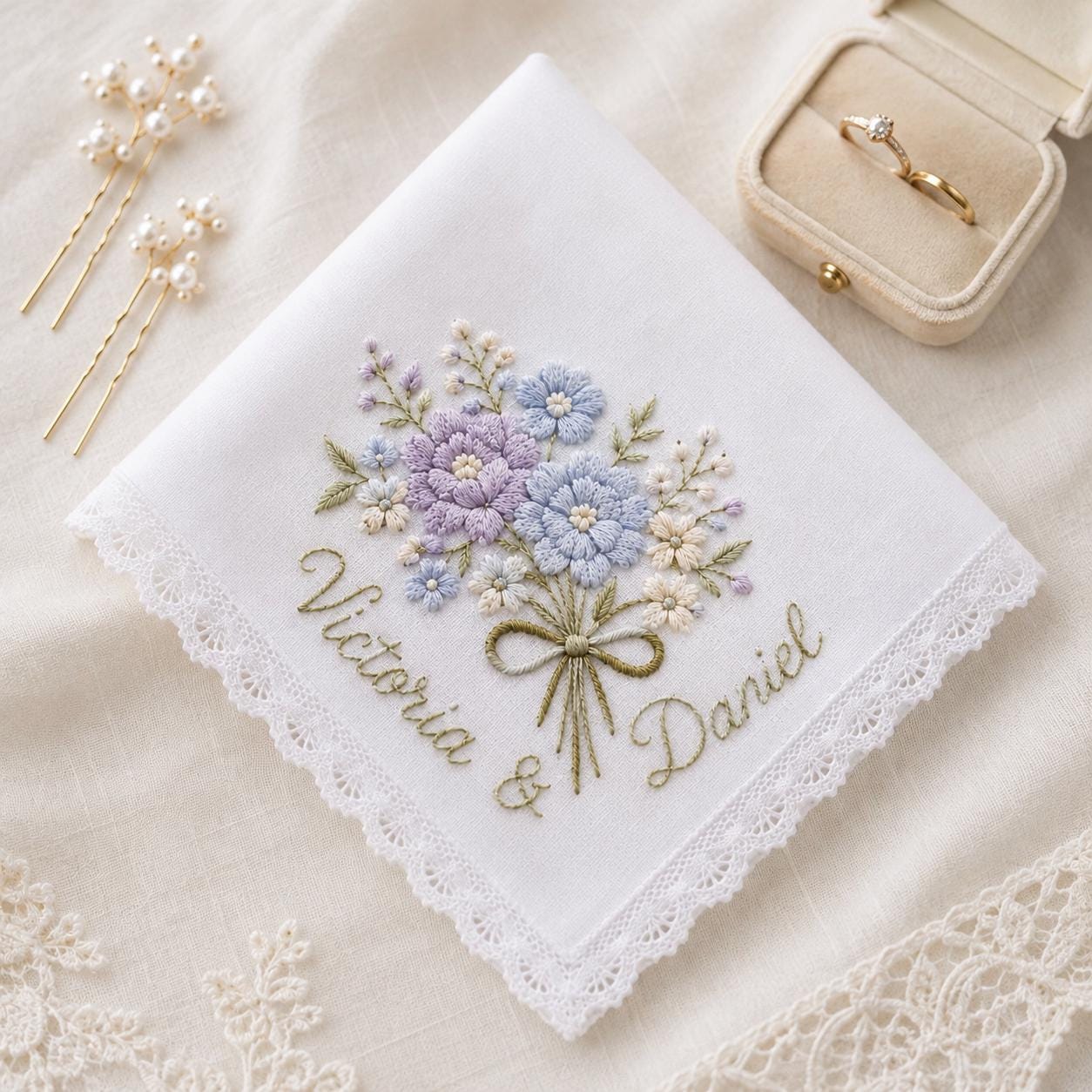 Personalized Embroidered Floral Wedding Handkerchief Hankie with Custom Couple Name, Lace Bridal Keepsake Gift and Happy Tears Box - photo 7