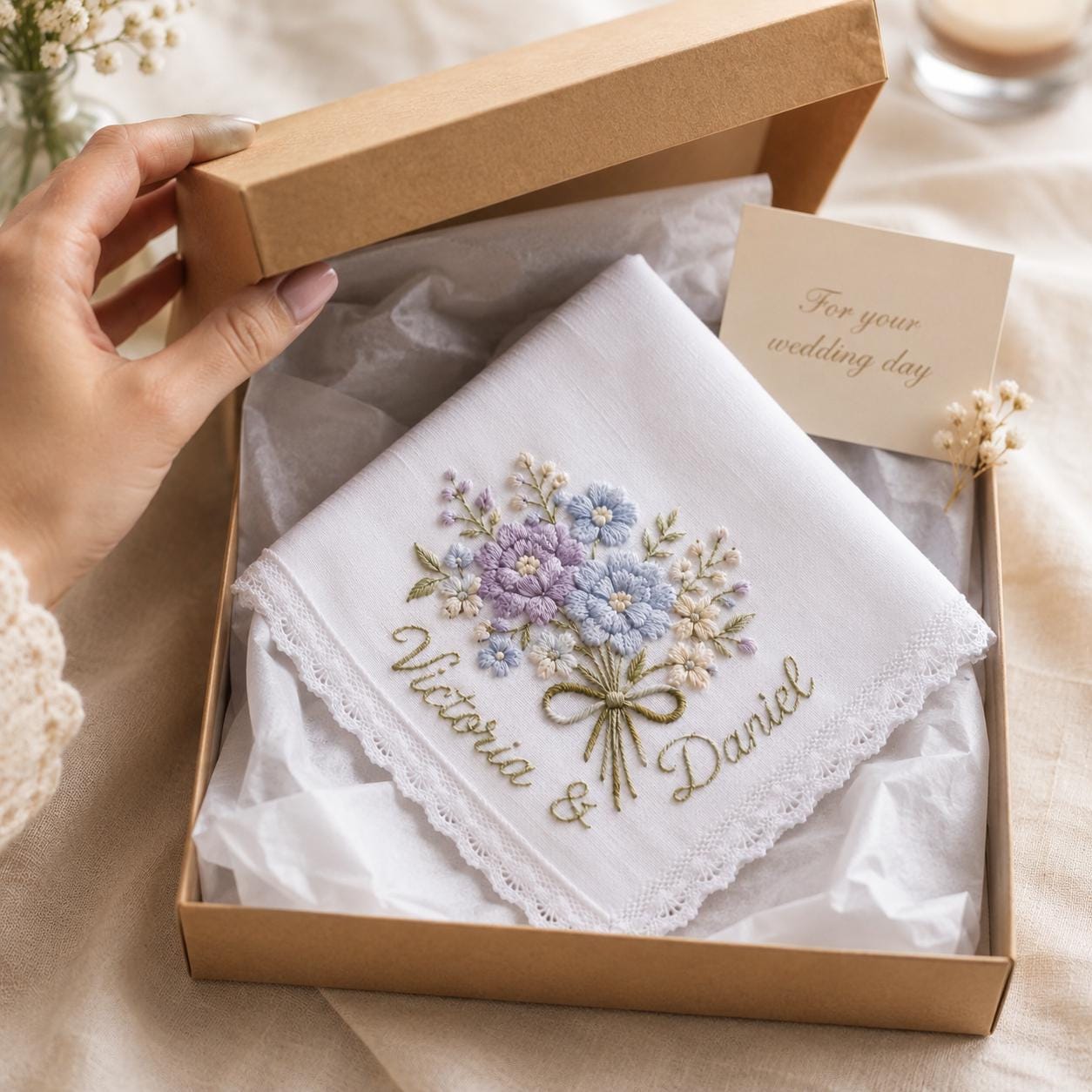 Personalized Embroidered Floral Wedding Handkerchief Hankie with Custom Couple Name, Lace Bridal Keepsake Gift and Happy Tears Box - photo 8