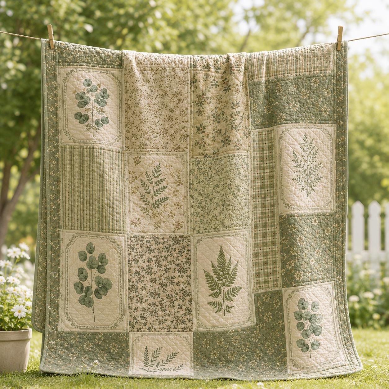 Botanical Fern Quilt Style Blanket and Vintage Green Leaf Eucalyptus Throw, Cottagecore Patchwork Bedding and Forest Nature Decor