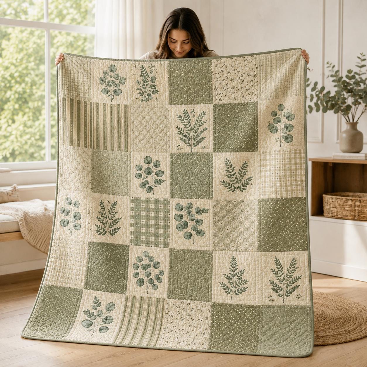Botanical Fern Quilt Style Blanket and Vintage Green Leaf Eucalyptus Throw, Cottagecore Patchwork Bedding and Forest Nature Decor - photo 2