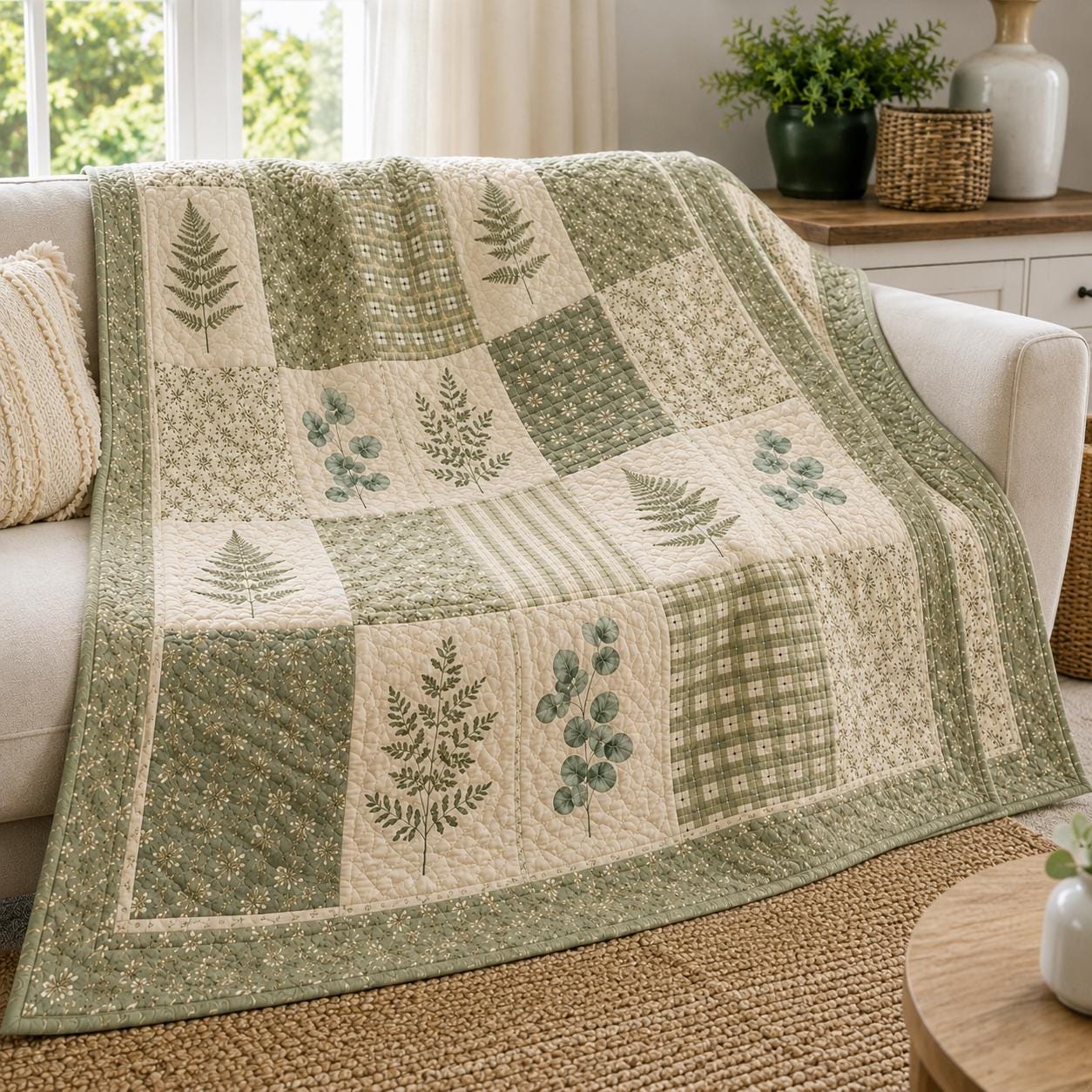 Botanical Fern Quilt Style Blanket and Vintage Green Leaf Eucalyptus Throw, Cottagecore Patchwork Bedding and Forest Nature Decor - photo 3