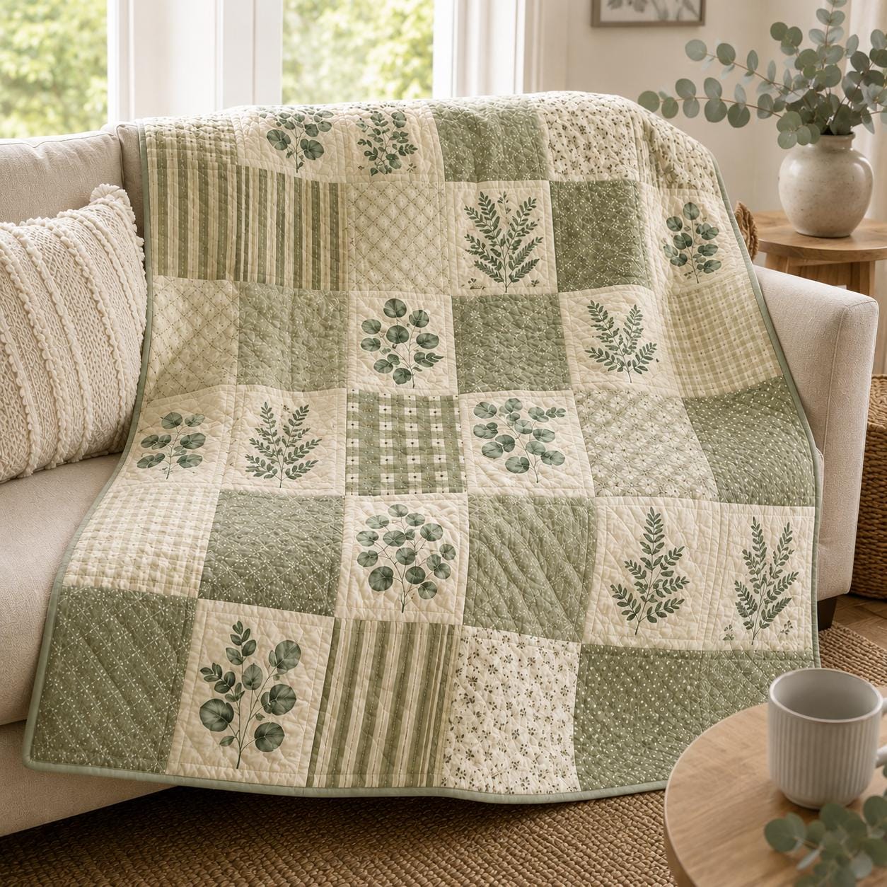 Botanical Fern Quilt Style Blanket and Vintage Green Leaf Eucalyptus Throw, Cottagecore Patchwork Bedding and Forest Nature Decor - photo 7