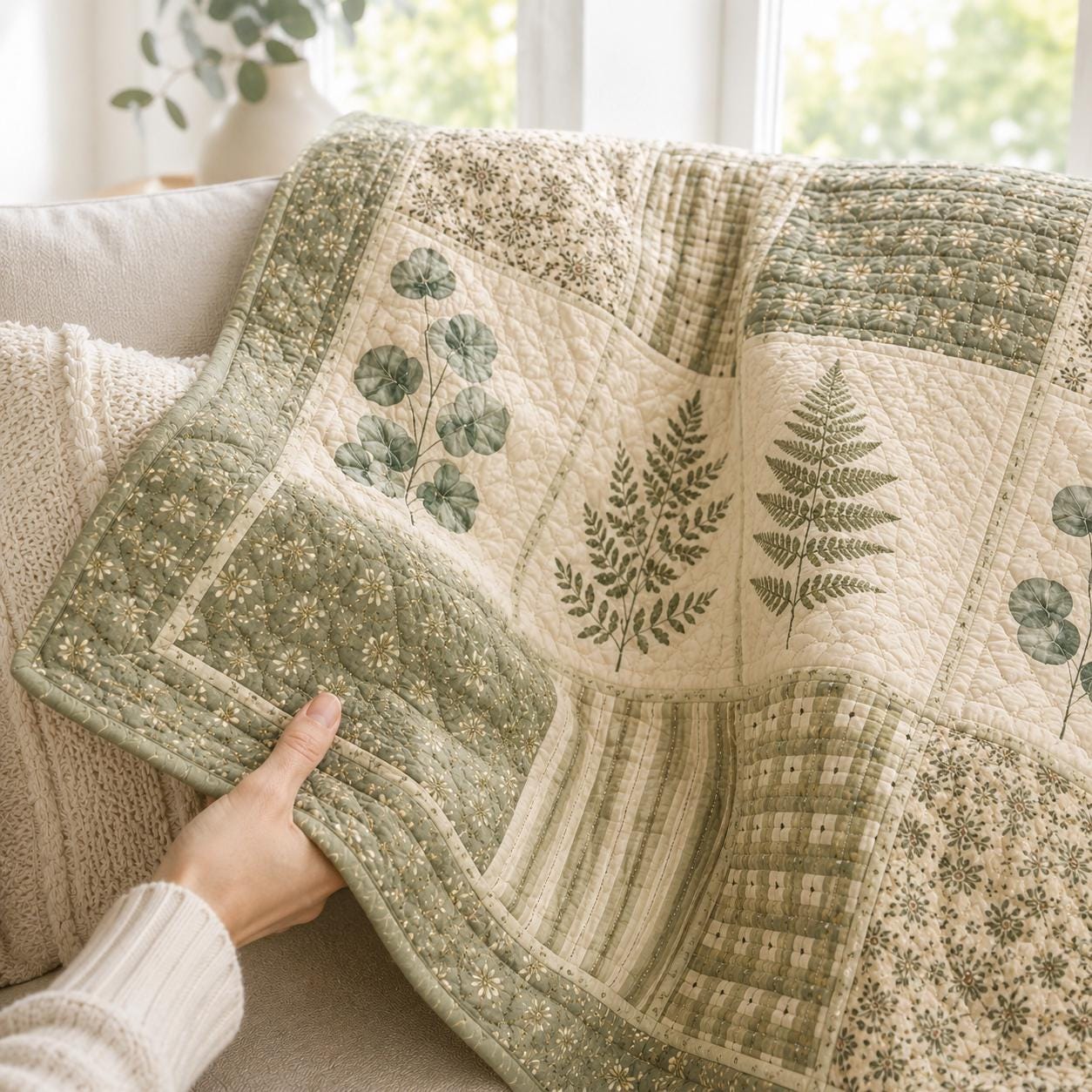 Botanical Fern Quilt Style Blanket and Vintage Green Leaf Eucalyptus Throw, Cottagecore Patchwork Bedding and Forest Nature Decor - photo 8