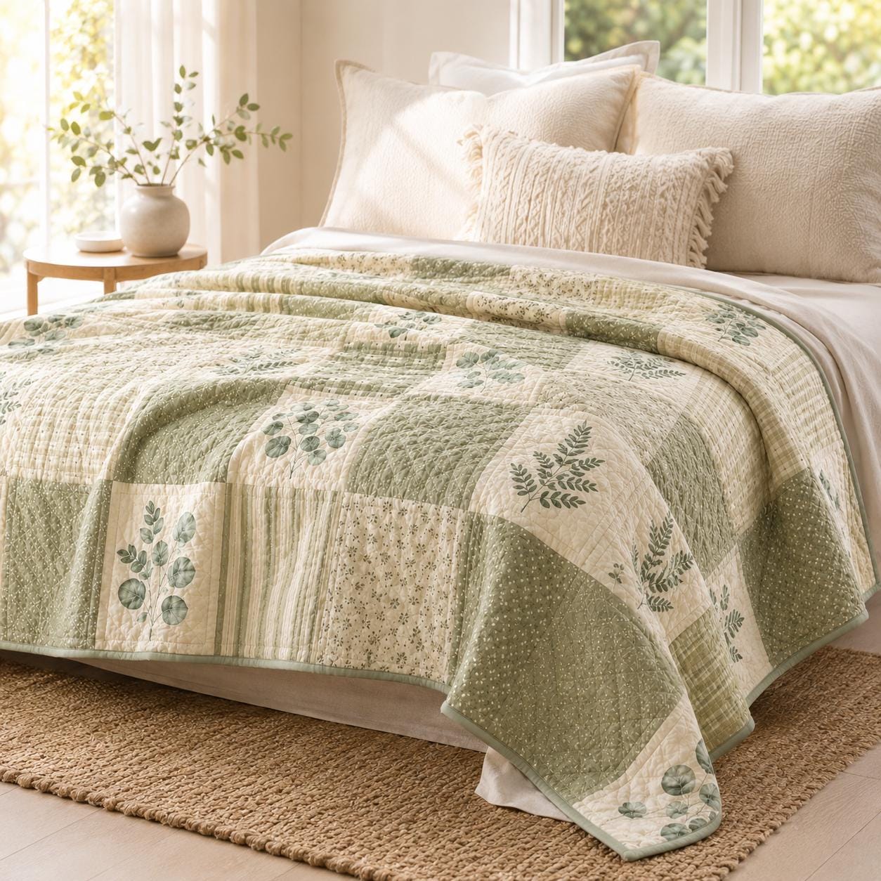 Botanical Fern Quilt Style Blanket and Vintage Green Leaf Eucalyptus Throw, Cottagecore Patchwork Bedding and Forest Nature Decor - photo 9