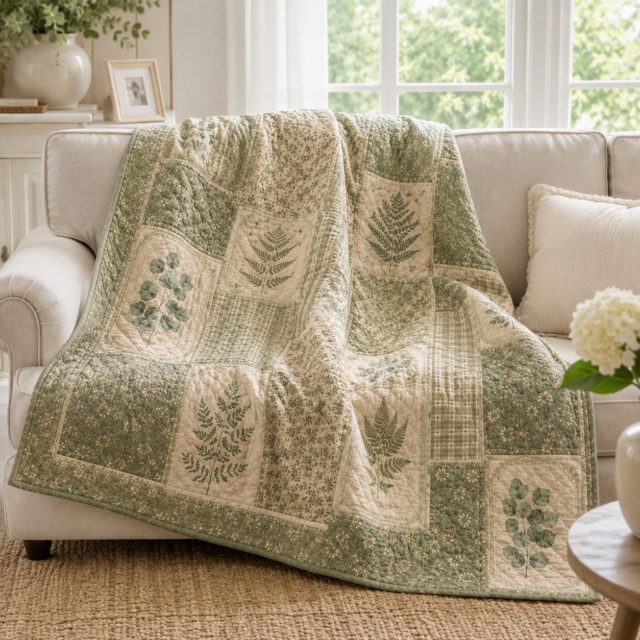 Botanical Fern Quilt Style Blanket and Vintage Green Leaf Eucalyptus Throw, Cottagecore Patchwork Bedding and Forest Nature Decor - photo 10