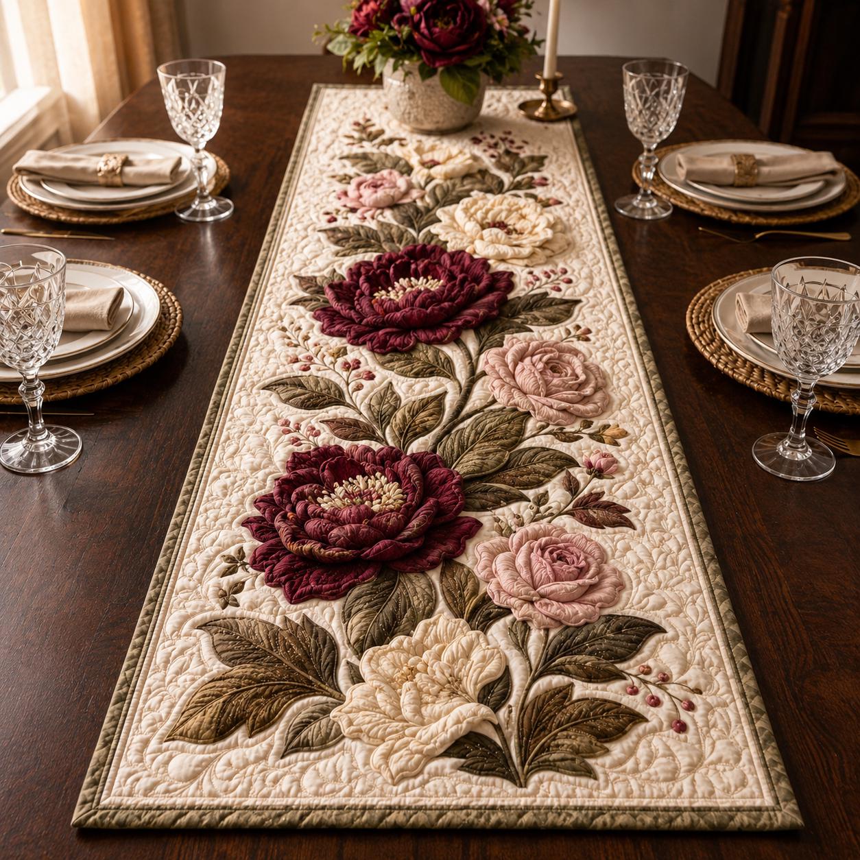 Quilted Style Burgundy Peony Table Runner – Romantic Floral Wedding Table Linen for Elegant Dining Decor