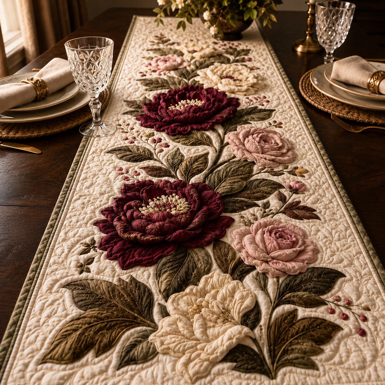 Quilted Style Burgundy Peony Table Runner – Romantic Floral Wedding Table Linen for Elegant Dining Decor - photo 3