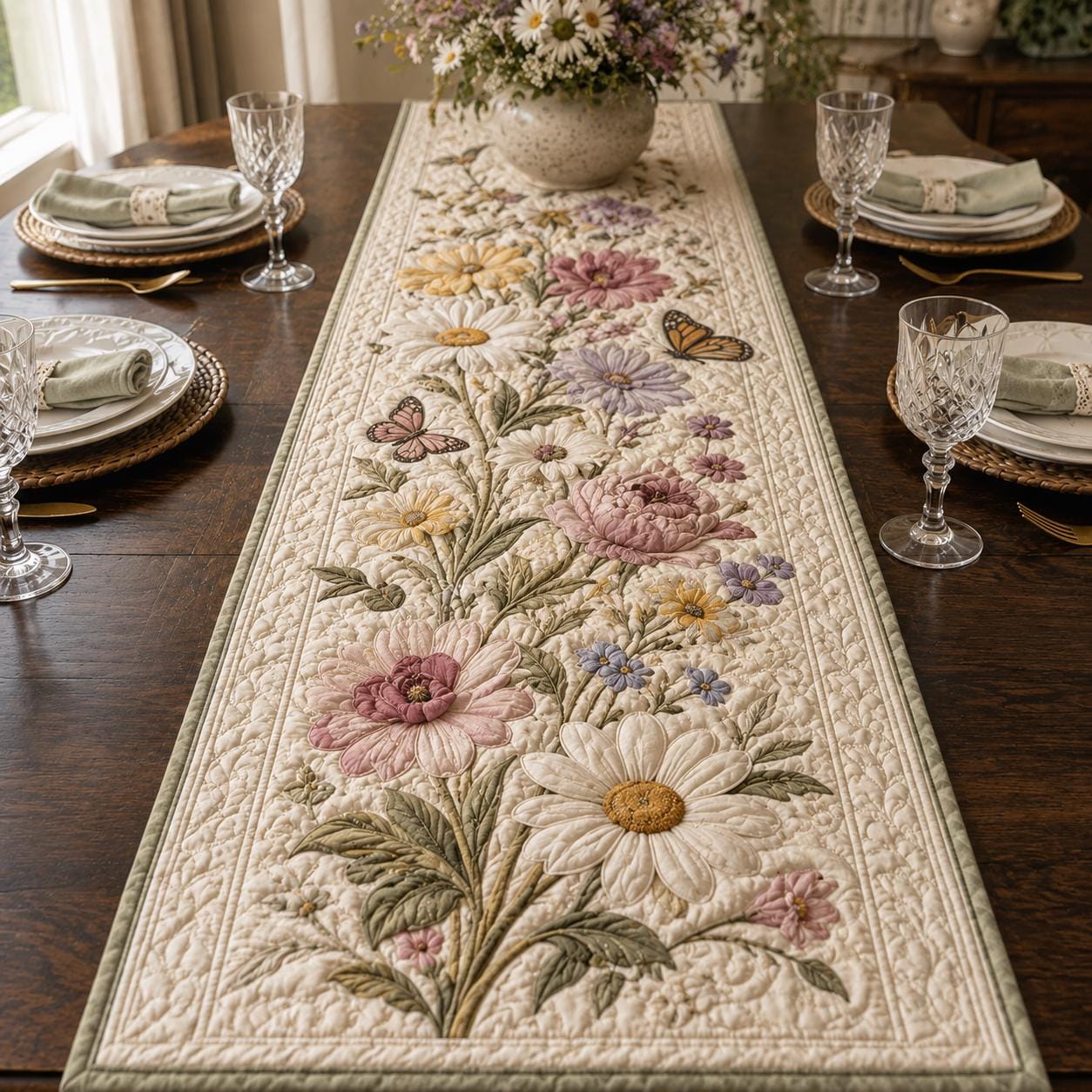 Cottagecore Floral Quilted Style Table Runner with Daisy and Wildflower – Butterfly Dining Decor for Spring Table