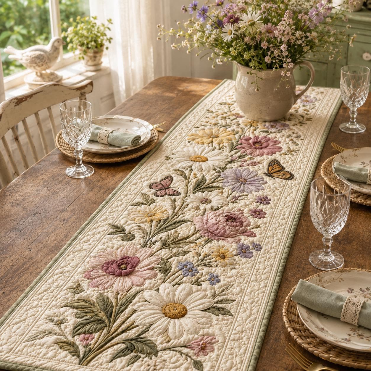 Cottagecore Floral Quilted Style Table Runner with Daisy and Wildflower – Butterfly Dining Decor for Spring Table - photo 2