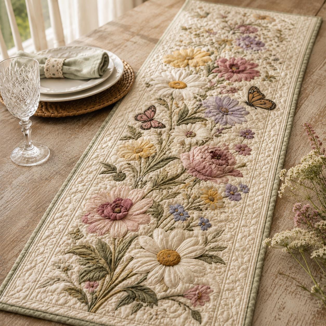 Cottagecore Floral Quilted Style Table Runner with Daisy and Wildflower – Butterfly Dining Decor for Spring Table - photo 3