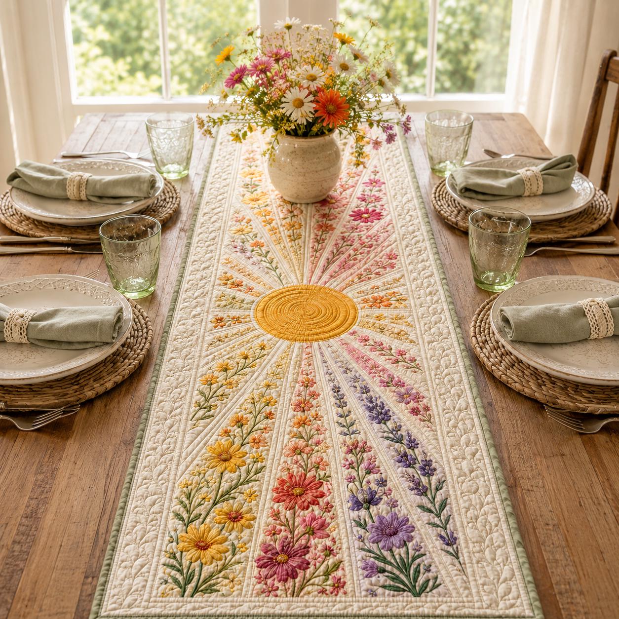 Quilted Style Table Runner – Wildflower Sunburst Boho Floral Runner for Spring Summer Dining Table Decor and Garden Gift