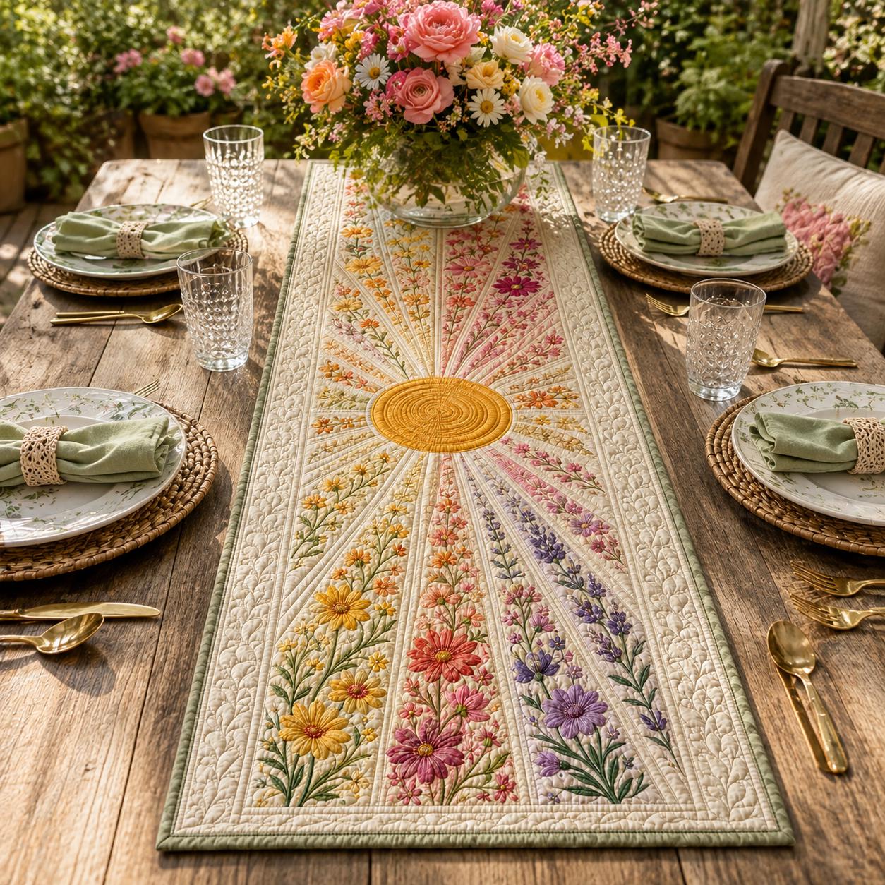 Quilted Style Table Runner – Wildflower Sunburst Boho Floral Runner for Spring Summer Dining Table Decor and Garden Gift - photo 2
