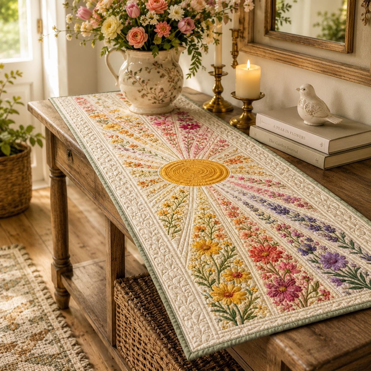 Quilted Style Table Runner – Wildflower Sunburst Boho Floral Runner for Spring Summer Dining Table Decor and Garden Gift - photo 3