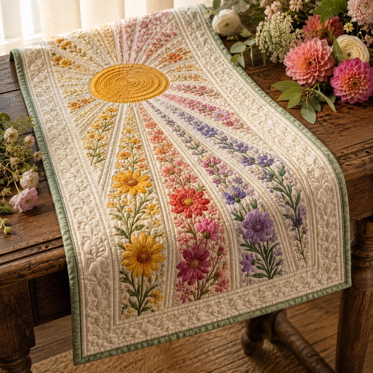 Quilted Style Table Runner – Wildflower Sunburst Boho Floral Runner for Spring Summer Dining Table Decor and Garden Gift - photo 5