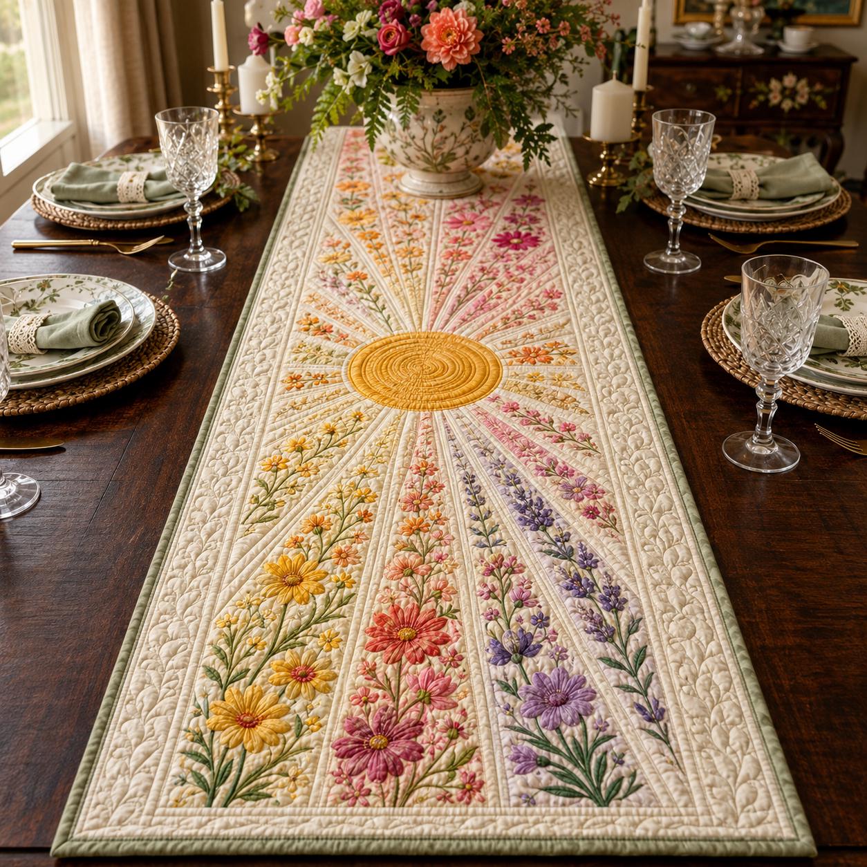 Quilted Style Table Runner – Wildflower Sunburst Boho Floral Runner for Spring Summer Dining Table Decor and Garden Gift - photo 6