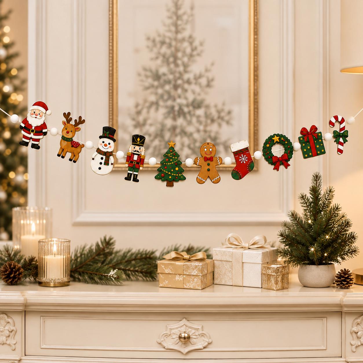 Christmas Wooden Garland with Santa Reindeer Snowman Nutcracker and Gingerbread Holiday Hanging Decor for Festive Mantel