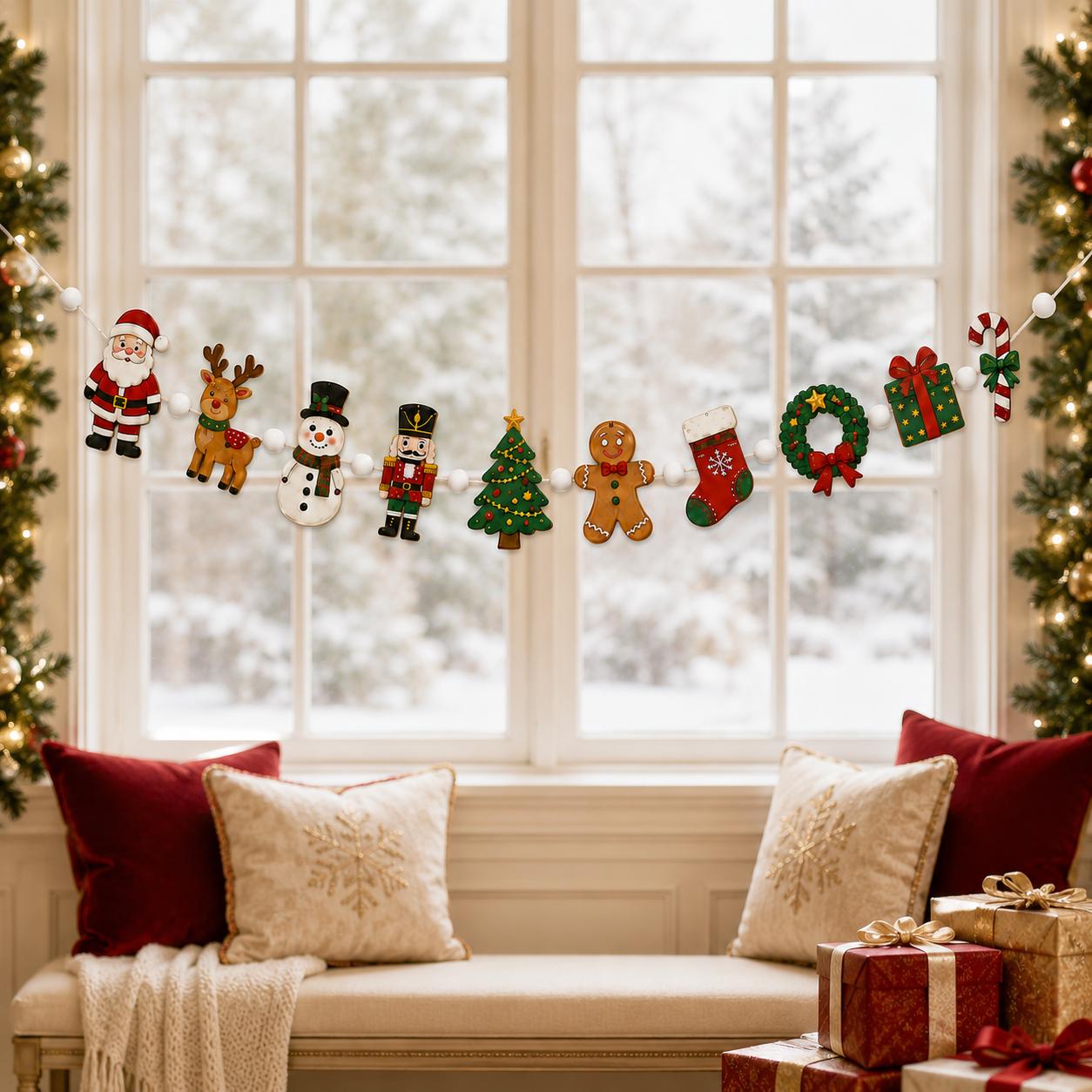 Christmas Wooden Garland with Santa Reindeer Snowman Nutcracker and Gingerbread Holiday Hanging Decor for Festive Mantel - photo 2