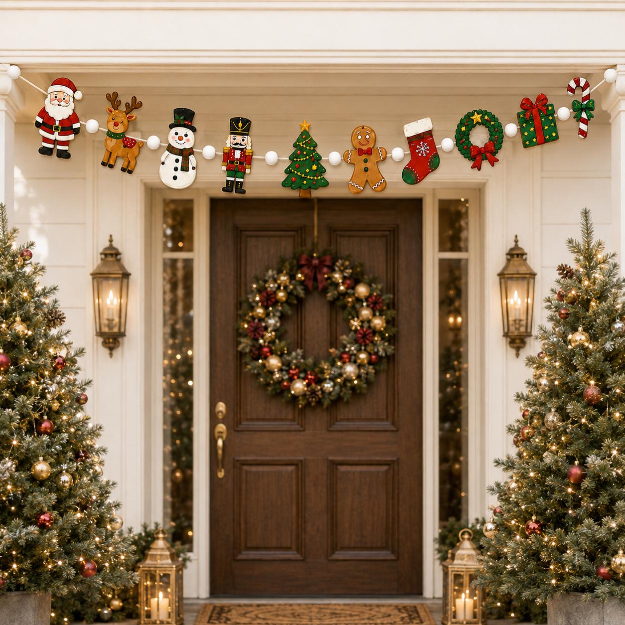 Christmas Wooden Garland with Santa Reindeer Snowman Nutcracker and Gingerbread Holiday Hanging Decor for Festive Mantel - photo 3