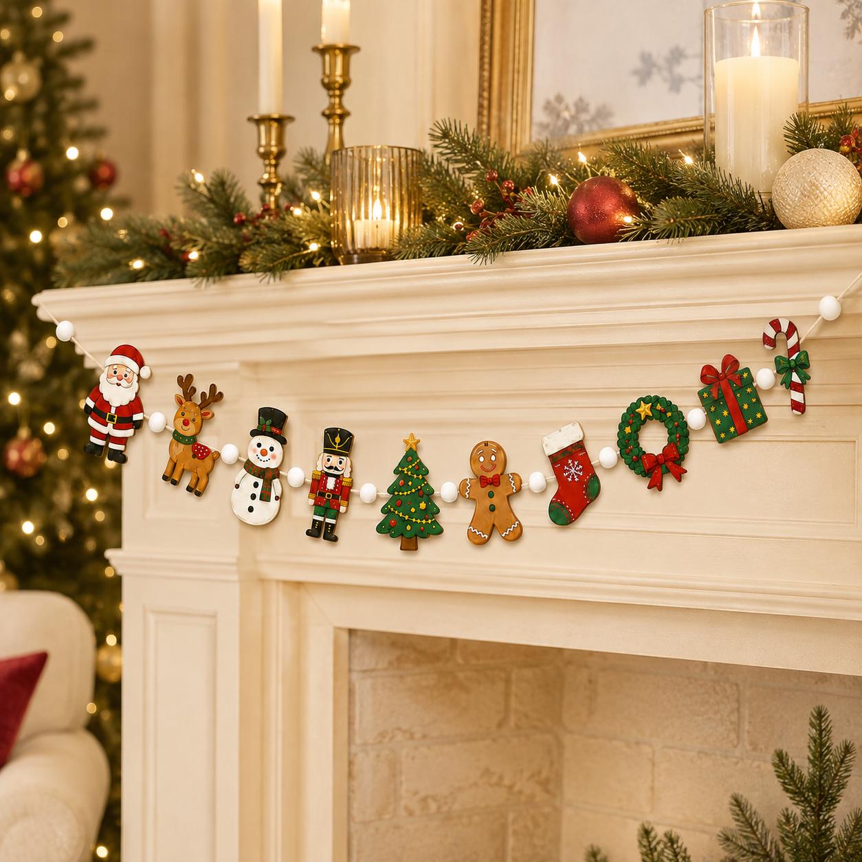 Christmas Wooden Garland with Santa Reindeer Snowman Nutcracker and Gingerbread Holiday Hanging Decor for Festive Mantel - photo 6