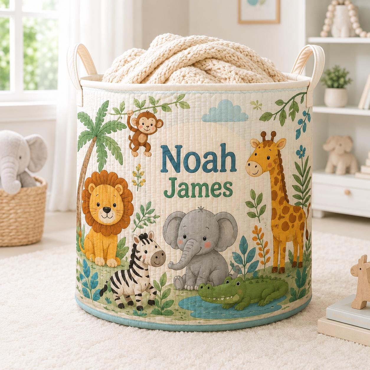 Personalized Safari Animals Baby Style Laundry Basket, Nursery Hamper and Toy Storage with Custom Name for Baby Shower Gift