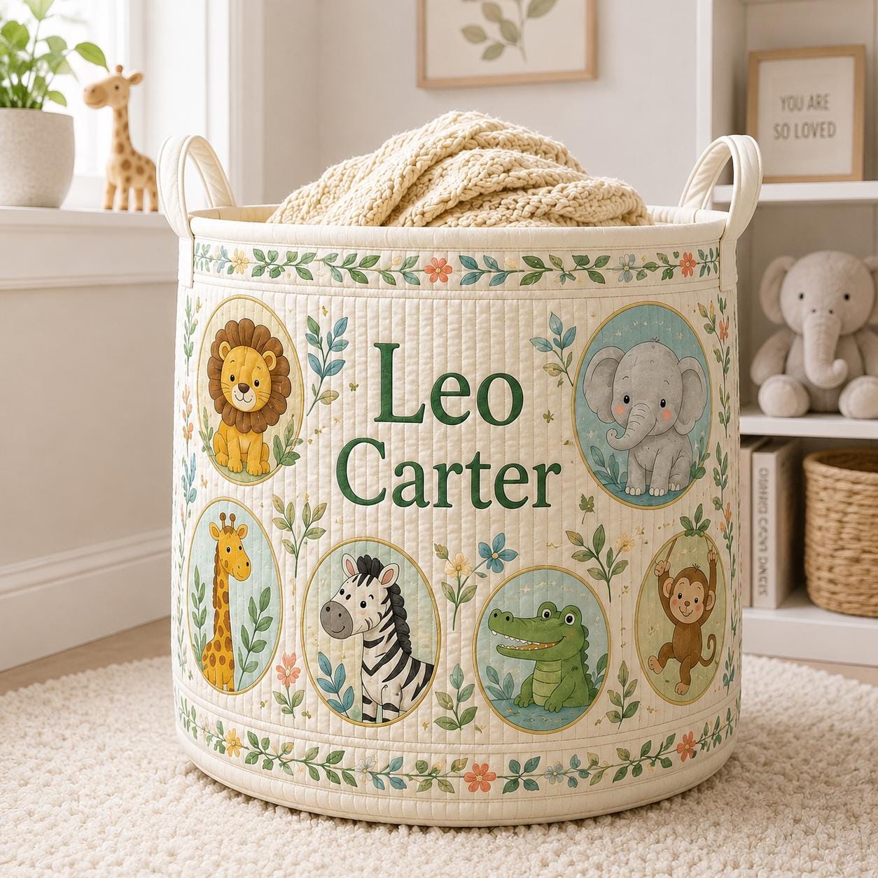 Personalized Safari Animals Baby Style Laundry Basket, Nursery Hamper and Toy Storage with Custom Name for Baby Shower Gift - photo 2