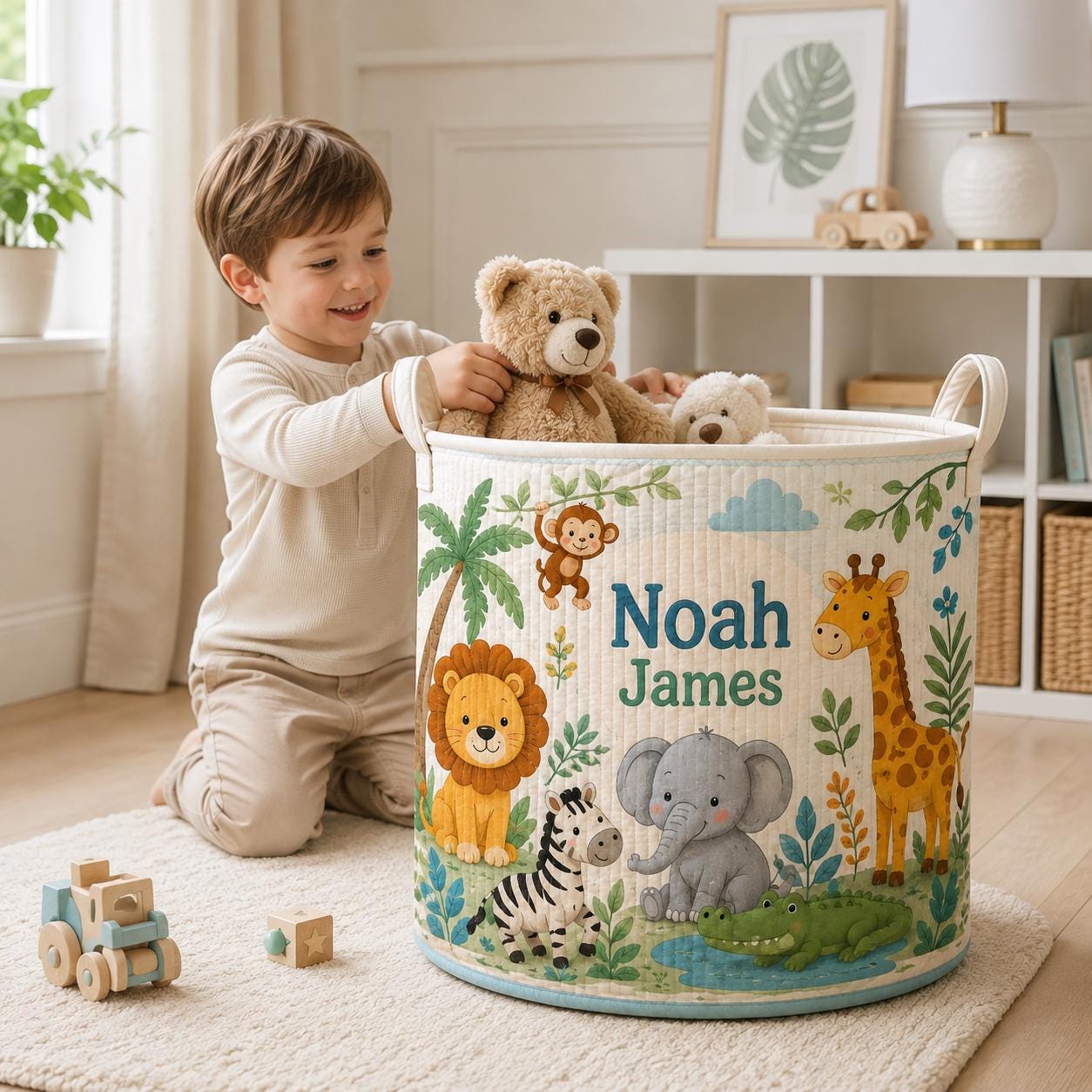 Personalized Safari Animals Baby Style Laundry Basket, Nursery Hamper and Toy Storage with Custom Name for Baby Shower Gift - photo 3