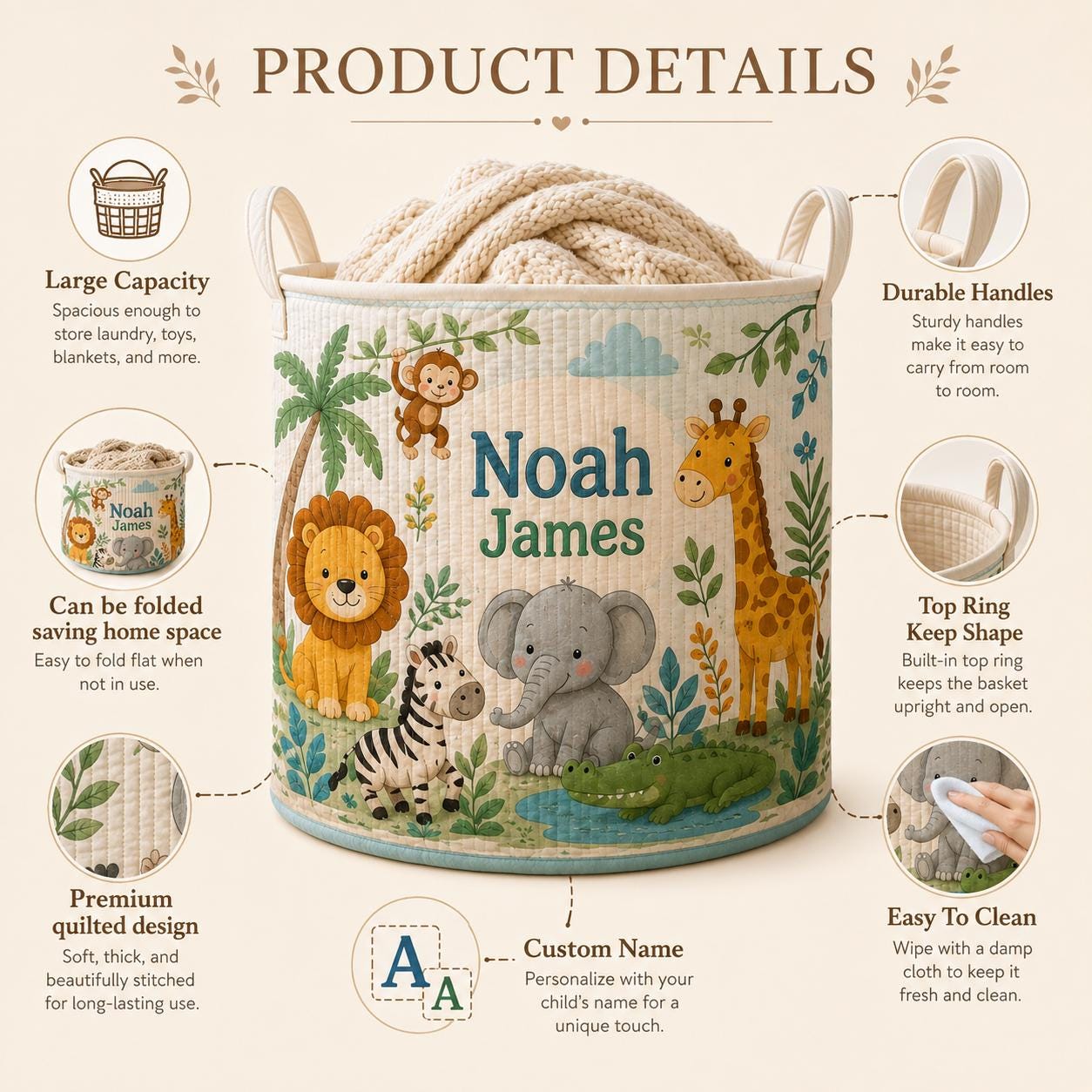 Personalized Safari Animals Baby Style Laundry Basket, Nursery Hamper and Toy Storage with Custom Name for Baby Shower Gift - photo 6