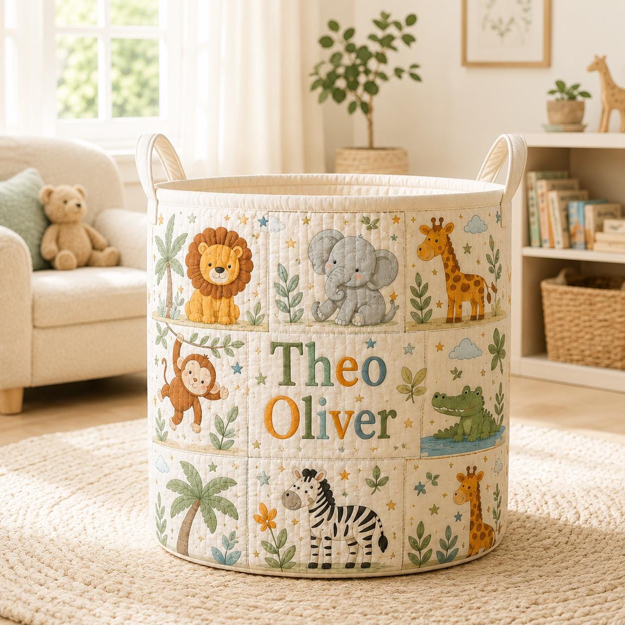 Personalized Safari Animals Baby Style Laundry Basket, Nursery Hamper and Toy Storage with Custom Name for Baby Shower Gift - photo 8