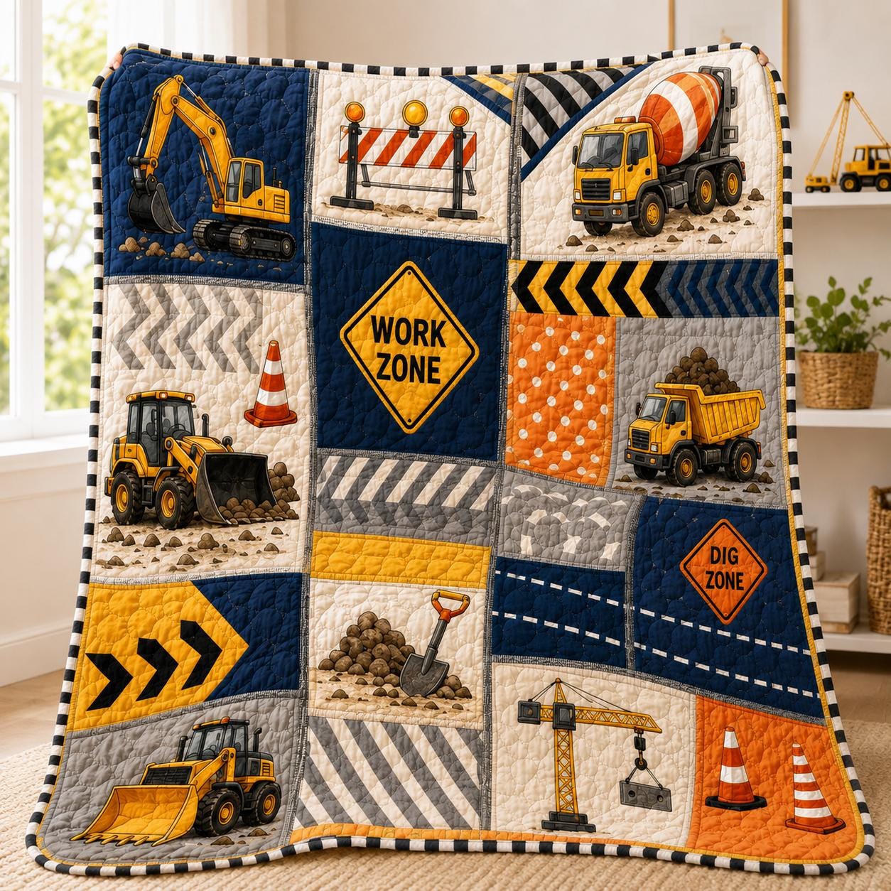 Construction Quilt Style Blanket with Cute Excavator Dump Truck Bedding and Kids Boy Nursery Patchwork Throw, Toddler Work Zone Playroom Decor Gift