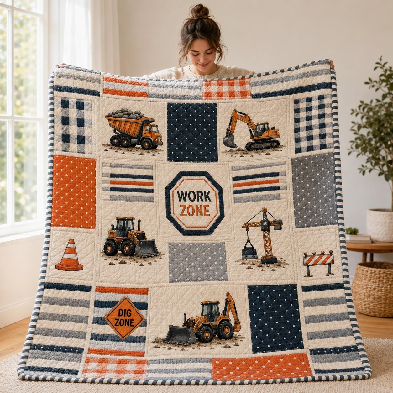 Construction Quilt Style Blanket with Cute Excavator Dump Truck Bedding and Kids Boy Nursery Patchwork Throw, Toddler Work Zone Playroom Decor Gift - photo 2
