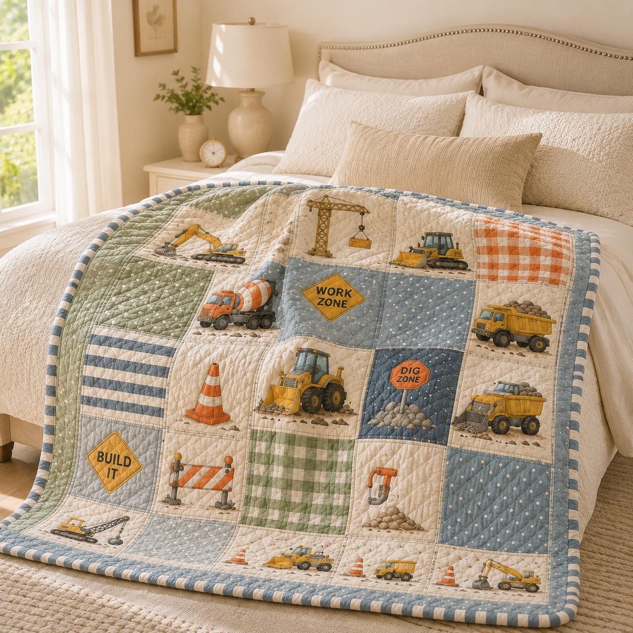 Construction Quilt Style Blanket with Cute Excavator Dump Truck Bedding and Kids Boy Nursery Patchwork Throw, Toddler Work Zone Playroom Decor Gift - photo 3