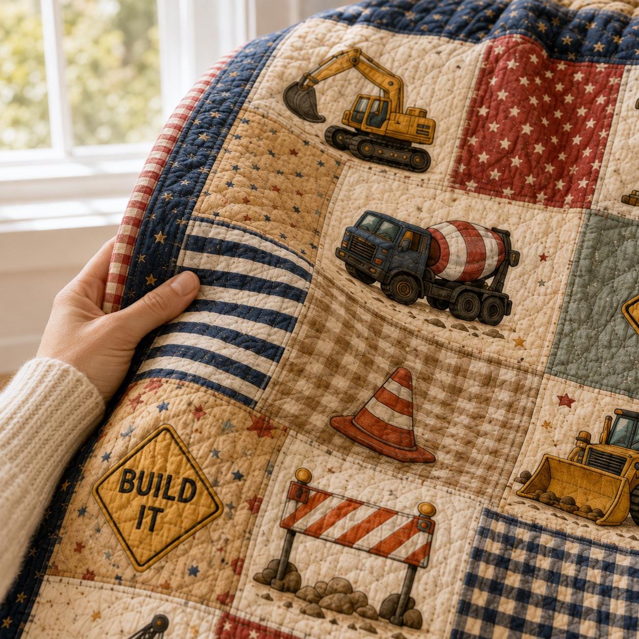 Construction Quilt Style Blanket with Cute Excavator Dump Truck Bedding and Kids Boy Nursery Patchwork Throw, Toddler Work Zone Playroom Decor Gift - photo 8